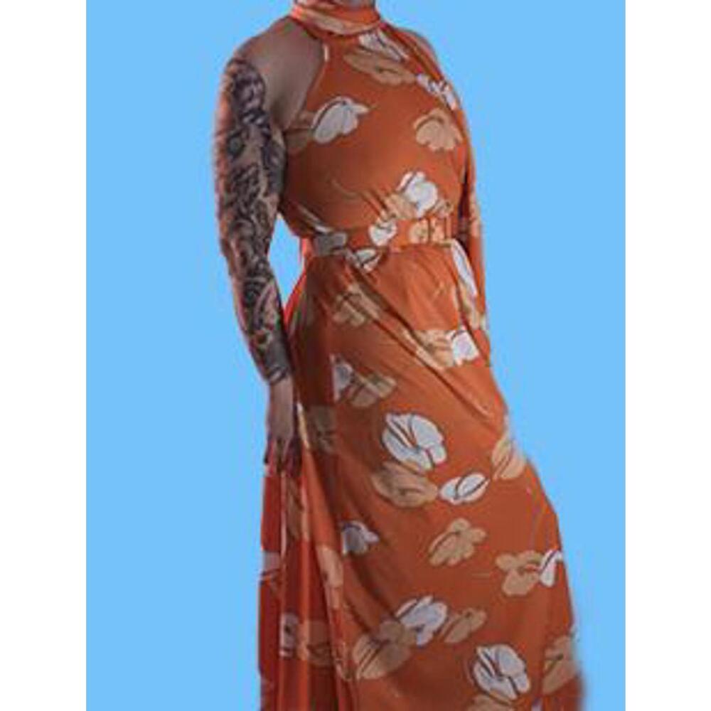 Vintage Orange Maxi Dress White Peach Floral Matching Belt‎ Floor Length Scarf